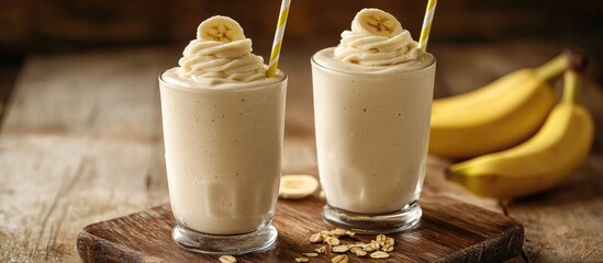 Poster - Banana Milkshake In Glasses With Straw