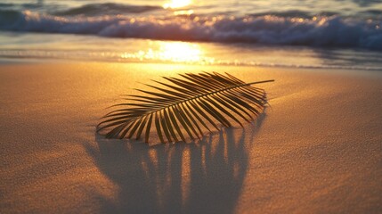 Poster - Palm leaf shadow on sandy beach during sunset with ocean waves in the background Represents tropical tranquility and relaxation