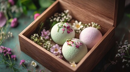 Poster - Luxury herbal bath bomb box with floral design and wooden accents showcasing beauty and relaxation elements