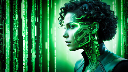 Poster - A side profile of a woman wearing high tech accesories, against a futuristic background