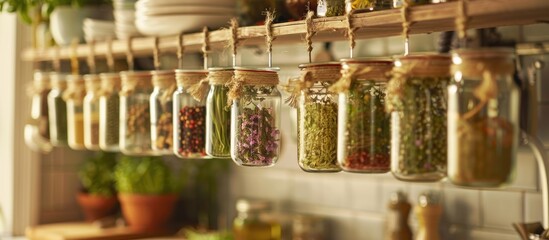 Poster - Jars Filled With Herbs And Spices Hanging In Kitchen