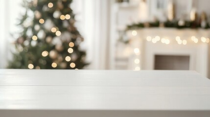 Aufkleber - Blank white table with a blurred Christmas tree in the background featuring ample copy space