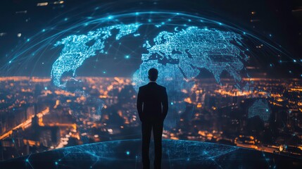 Poster - A silhouette of a person gazes at a digital world map, symbolizing global connectivity.