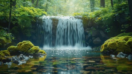 Poster - A serene waterfall cascading into a small, crystal-clear pond surrounded by lush greenery, with moss-covered rocks framing the scene.