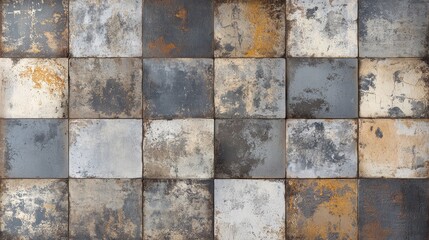 Poster - Vintage shabby patchwork tile motif featuring an old gray and brown color palette with a textured stone and concrete wall appearance