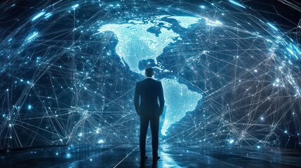 Fototapete - A person in a suit stands before a digital globe, symbolizing global connectivity and technology.