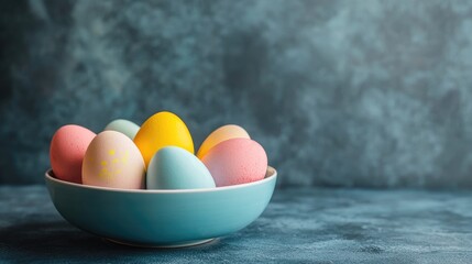 Poster - Colorful Easter eggs in a bowl with space for text