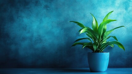 Poster - A vibrant green plant in front of a calming blue concrete backdrop softly illuminated to create an enchanting atmosphere providing plenty of space for text