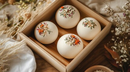 Poster - Luxury herbal bath bomb box with floral design and wooden accents showcasing beauty and relaxation elements