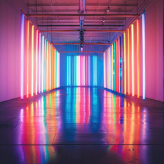 Poster - Neon long stripes lights different colors hanging from the roof totally white illuminated minimalistic background.