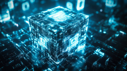 Poster - Technology abstract digital cube. Generic advanced technology concept.
