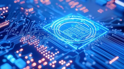 Poster - Futuristic Blue Circuit Board Animation, showcasing advanced technology circles and dynamic data transfer against an abstract backdrop, emphasizing innovation and digital connectivity.