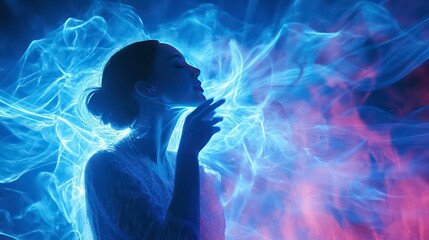 Aufkleber - Ethereal silhouette of a woman surrounded by swirling smoke and vibrant colors.