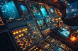 © juliars - Airplane cockpit control panel glowing in the dark showing flight data during a night flight