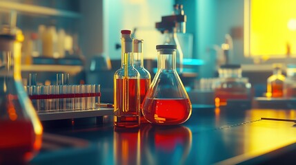 Poster - Glass Flasks with Red and Yellow Liquids in a Laboratory Setting