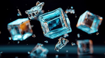 Poster - Spinning blue glass cubes, dynamic motion, vivid color contrast, dark background, abstract design, modern aesthetics, captivating visual effect, immersive 3D animation