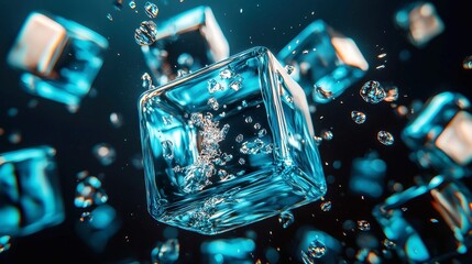 Poster - Spinning blue glass cubes on a dark backdrop, dynamic motion, vibrant colors, sleek design, creating an illusion of depth and modernity in a digital space.
