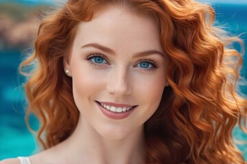 Portrait of a beautiful redhead woman with wavy hair, deep blue eyes, and a playful smile, set against a vibrant blue background