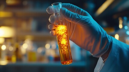 Poster - A gloved hand holding a test tube filled with a glowing orange liquid in a laboratory setting.
