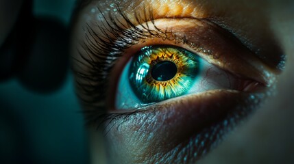 Poster - The image captures a striking close-up of an eye, highlighting the brilliant hues of blue and green along with the elaborate patterns in the iris under soft lighting, creating a mesmerizing effect.