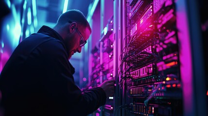 Poster - Technician Working in a Data Center at Night
