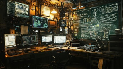 Poster - Captivating Hacker Workspace with Advanced Technology