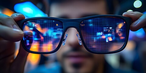 Poster - A person holding glasses that reflect a digital cityscape, showcasing technology and innovation.
