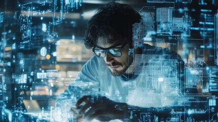 an engineer working on embedded systems programming, with microchips, circuit boards, and code being