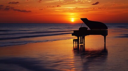 Aufkleber - A grand piano on a beach at sunset, creating a serene and artistic atmosphere.
