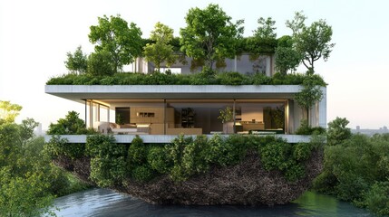 Poster - A modern floating house surrounded by greenery, blending architecture with nature.