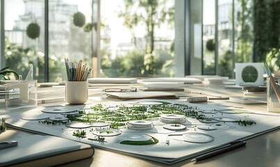 Poster - A design workspace featuring a detailed landscape model surrounded by greenery.