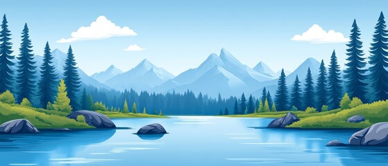 Wall Mural - A peaceful river winds through vibrant green forests and rocky outcrops, reflecting the clear blue sky and rugged mountains in the distance