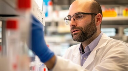 Poster - A scientist in a lab coat and gloves examining a sample in a lab