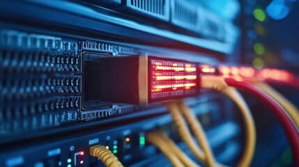 Aufkleber - Close-up of a server rack with illuminated network cables and connections.