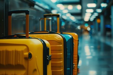 Luggage standing in line at the airport terminal waiting to be loaded on the airplane