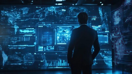 Poster - A figure in a suit observes a digital interface displaying data and global maps.