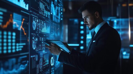 Aufkleber - A professional analyzing data on a digital interface in a modern workspace.