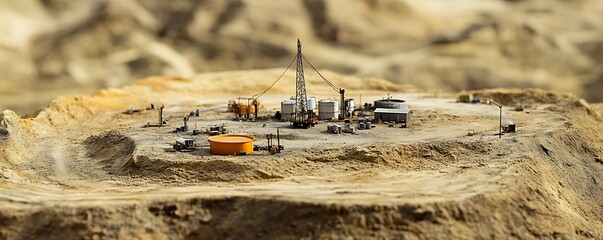 A miniature oil drilling site surrounded by arid terrain, showcasing industrial activity.