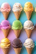 © Hryhor Denys - Delicious ice cream cones featuring a variety of vibrant flavors are perfectly arranged in rows against a pastel-colored background, inviting sweet indulgence