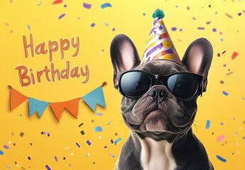 A cute French bulldog wearing sunglasses and a party hat, having fun at a birthday party, against a yellow background with confetti flying around