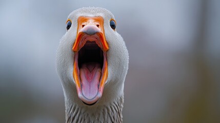 Close up portrait of an enraged goose displaying its open beak in an aggressive manner