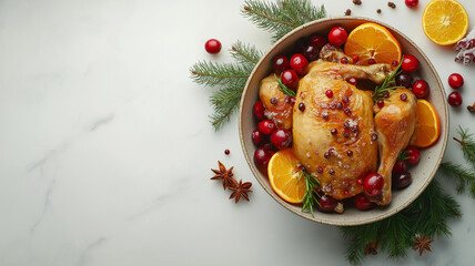 Roasted turkey or chicken in a bowl with cranberries, orange, spices and herbs on a white background with copy space, Thanksgiving or Christmas