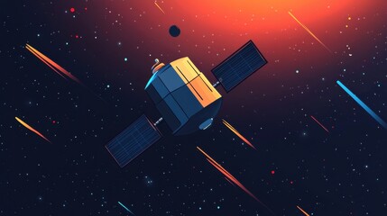 Poster - Cartoon Satellite Drifting Through a Colorful Galaxy