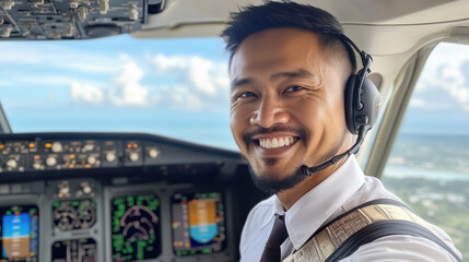 Confident pilot smiling in the cockpit during flight