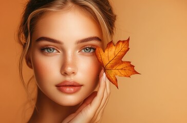 Beautiful woman with flawless skin holding an autumn leaf near her face, looking at the camera against a beige background. Skincare and beauty concept