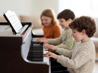 Three children joyfully playing piano together, showcasing music education and the joy of learning in a bright, home environment.