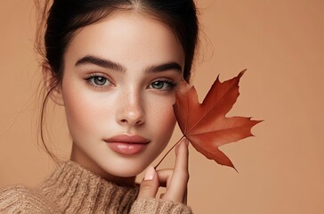 Beautiful woman with flawless skin holding an autumn leaf near her face, looking at the camera against a beige background. Skincare and beauty concept