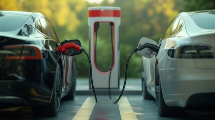 Two electric cars charging at a station, eco-friendly transportation and clean energy solutions