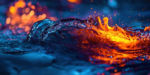 Poster - A splash of water with orange flames in the background