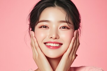 Skincare commercial photo of a happy Korean girl with a pink background